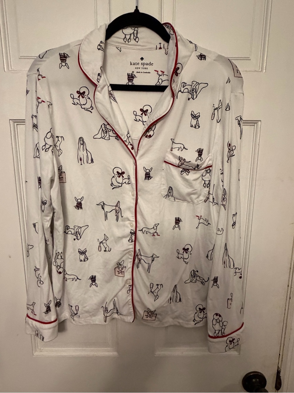 kate spade White Pajama Top with Red Piping & Dog Sketch Print